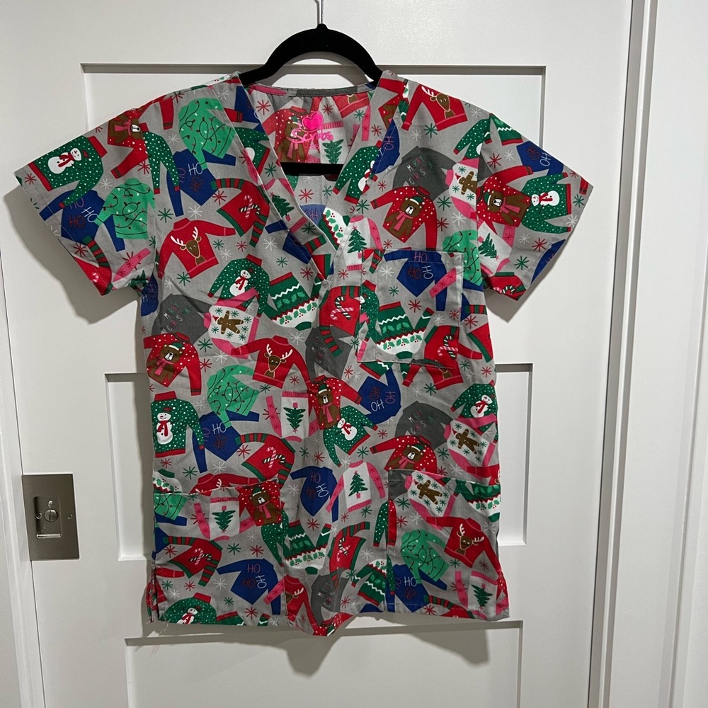 Ugly sweater themed sweater women’s scrub top